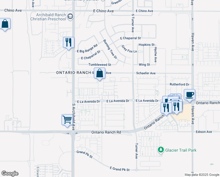 map of restaurants, bars, coffee shops, grocery stores, and more near 2945 East Merritt Paseo in Ontario