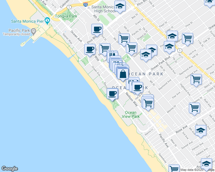 map of restaurants, bars, coffee shops, grocery stores, and more near 118 Wadsworth Avenue in Santa Monica