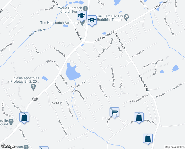 map of restaurants, bars, coffee shops, grocery stores, and more near 1163 Sandalwood Drive in Lawrenceville
