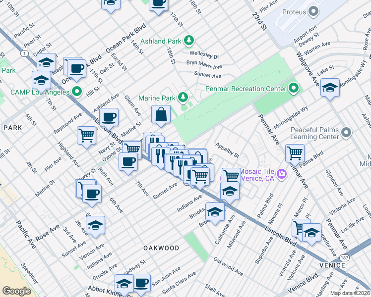 map of restaurants, bars, coffee shops, grocery stores, and more near 870 Rose Avenue in Los Angeles