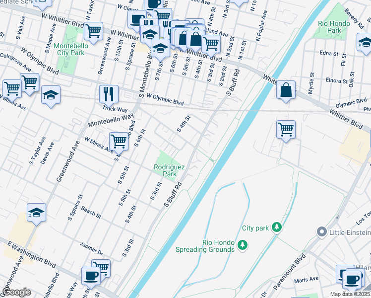 map of restaurants, bars, coffee shops, grocery stores, and more near 412 South 3rd Street in Montebello
