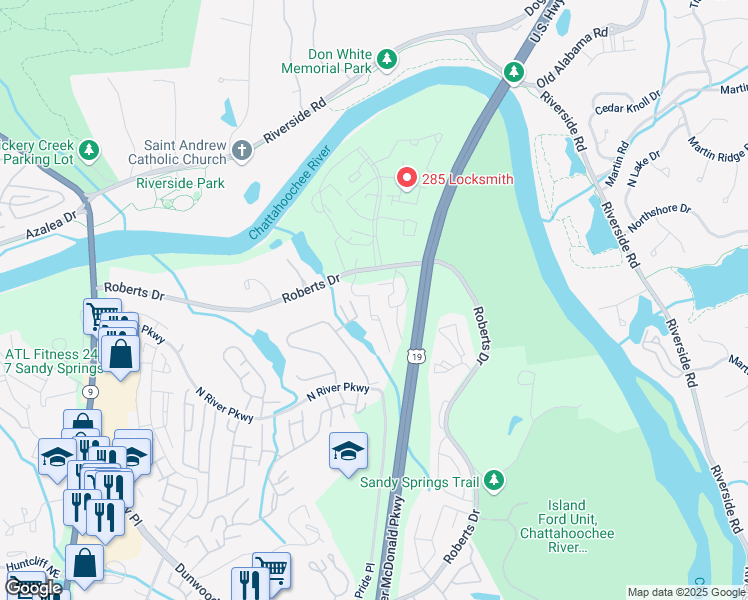 map of restaurants, bars, coffee shops, grocery stores, and more near 504 River Run Drive in Atlanta