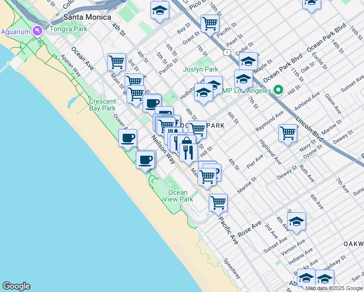 map of restaurants, bars, coffee shops, grocery stores, and more near 2620 2nd Street in Santa Monica