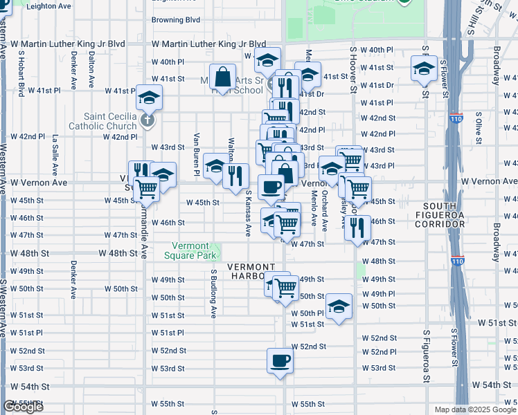 map of restaurants, bars, coffee shops, grocery stores, and more near 1040 West 45th Street in Los Angeles