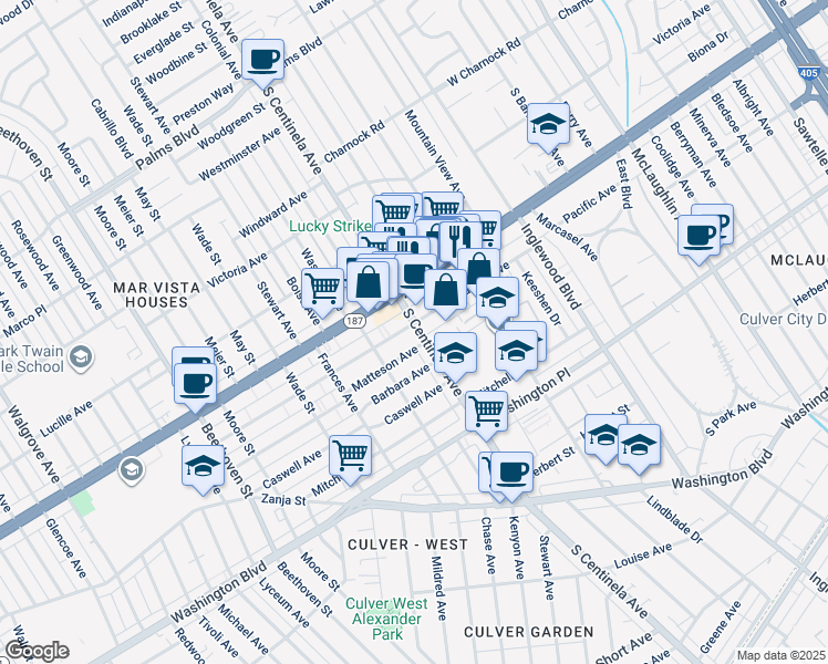 map of restaurants, bars, coffee shops, grocery stores, and more near 3853 South Centinela Avenue in Los Angeles