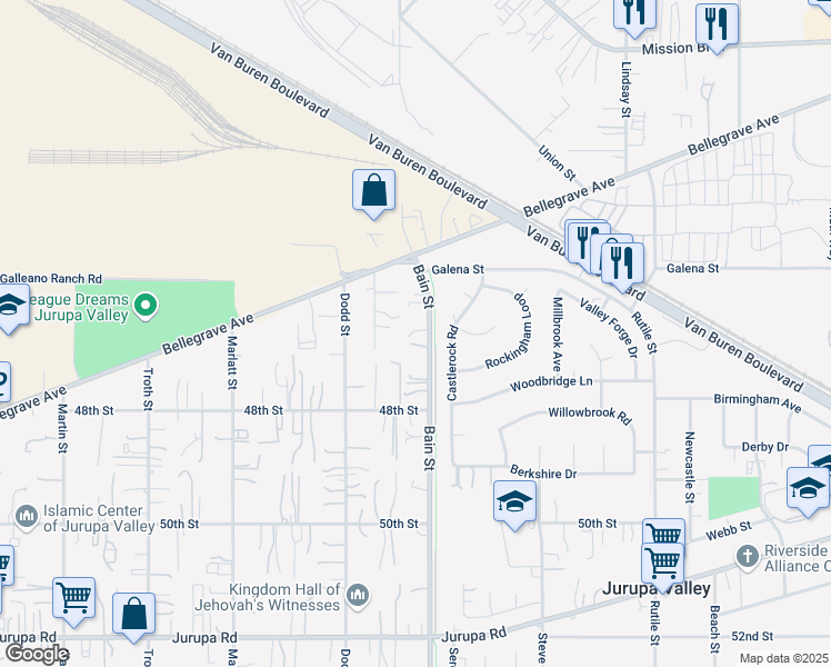 map of restaurants, bars, coffee shops, grocery stores, and more near 4715 Bain Street in Jurupa Valley