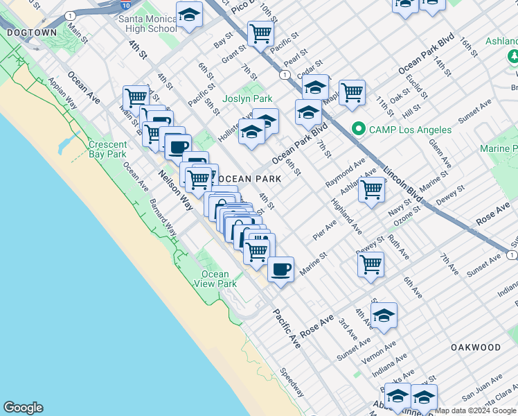 map of restaurants, bars, coffee shops, grocery stores, and more near 311 Hill Street in Santa Monica