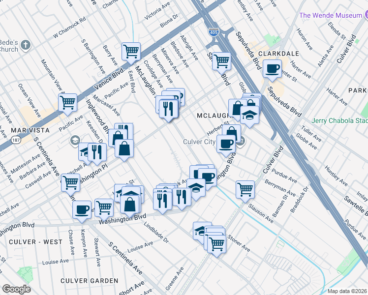 map of restaurants, bars, coffee shops, grocery stores, and more near 4077 McLaughlin Avenue in Los Angeles