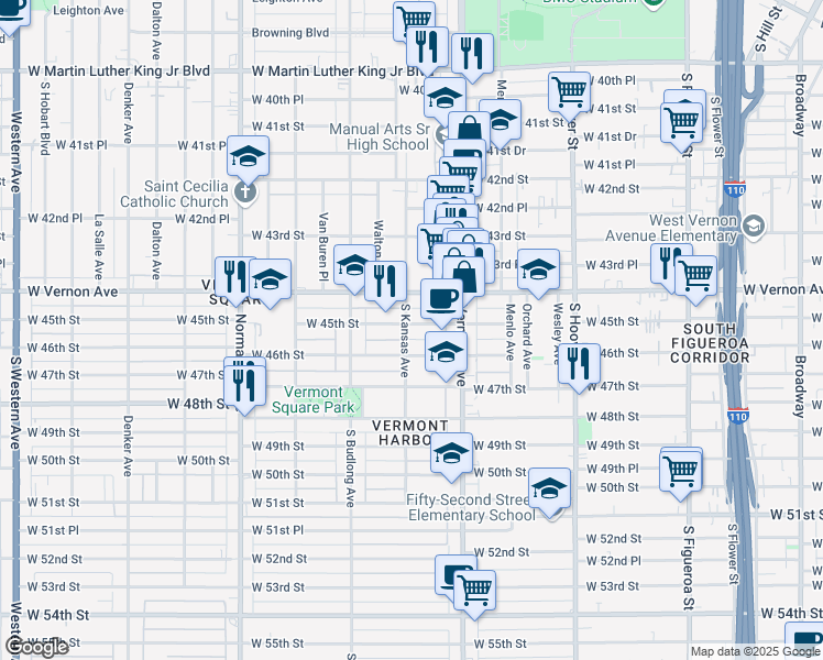 map of restaurants, bars, coffee shops, grocery stores, and more near 1054 West 45th Street in Los Angeles