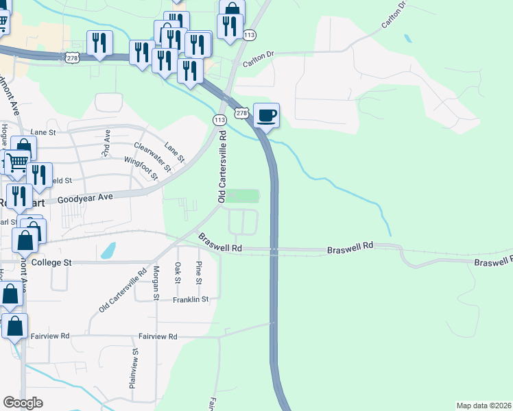 map of restaurants, bars, coffee shops, grocery stores, and more near 113 Nicole Circle in Rockmart