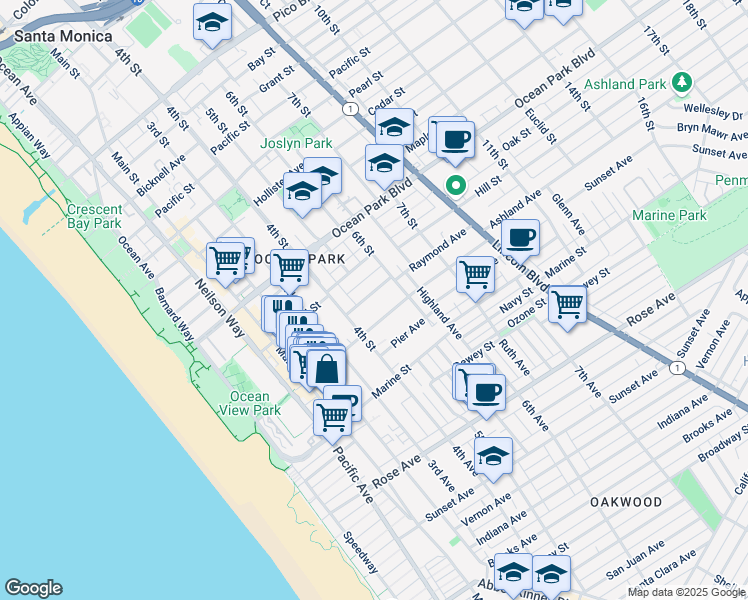 map of restaurants, bars, coffee shops, grocery stores, and more near 440 Raymond Avenue in Santa Monica