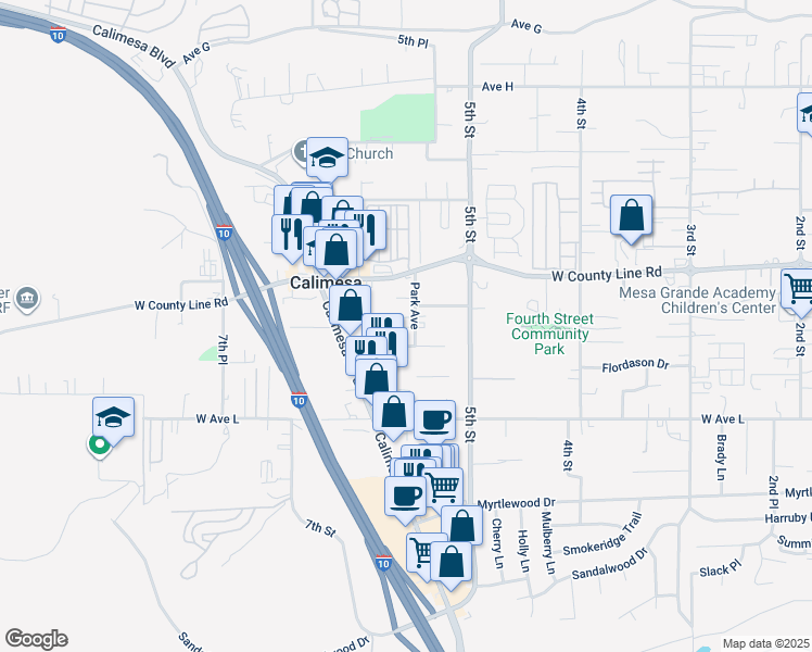 map of restaurants, bars, coffee shops, grocery stores, and more near 944 Park Avenue in Calimesa