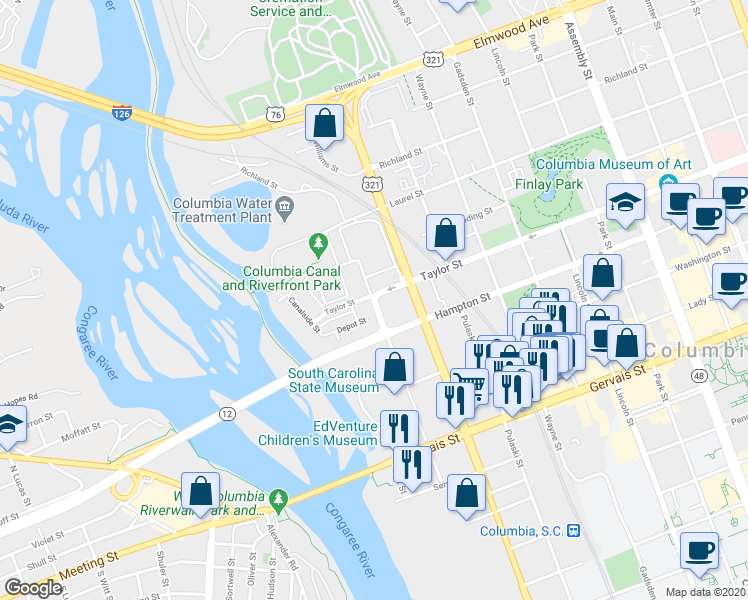 map of restaurants, bars, coffee shops, grocery stores, and more near 1600 Williams Street in Columbia