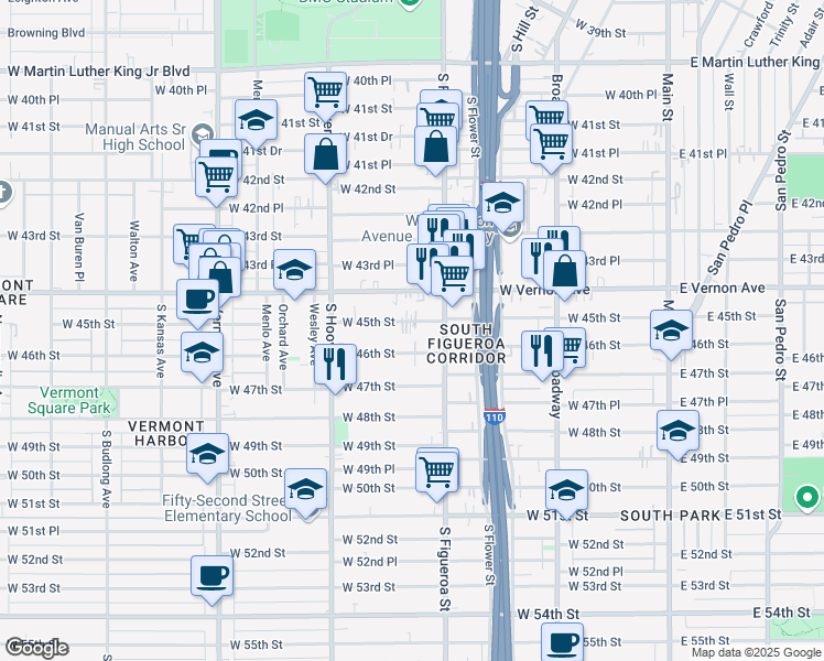 map of restaurants, bars, coffee shops, grocery stores, and more near 550 West 45th Street in Los Angeles