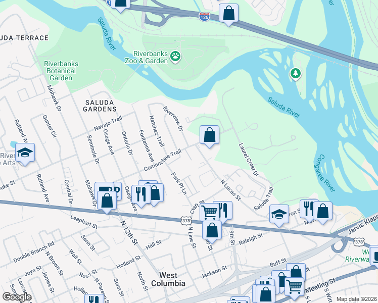 map of restaurants, bars, coffee shops, grocery stores, and more near 103 Ashley Court in West Columbia