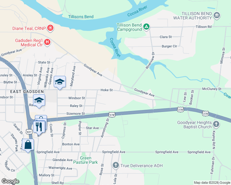 map of restaurants, bars, coffee shops, grocery stores, and more near 1333 Hoke Street in Gadsden