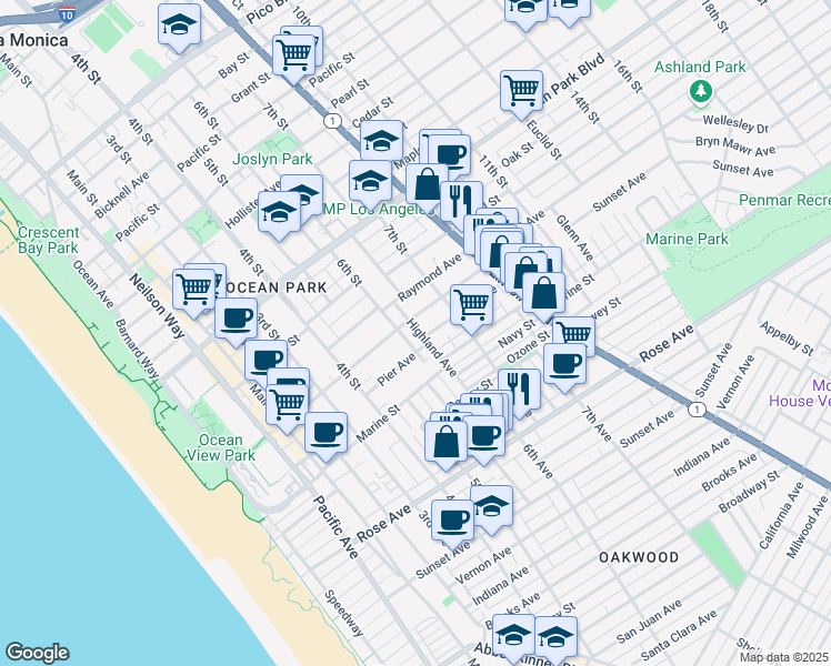 map of restaurants, bars, coffee shops, grocery stores, and more near 2914 Highland Avenue in Santa Monica