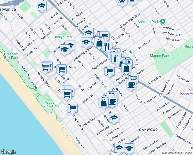 map of restaurants, bars, coffee shops, grocery stores, and more near 2914 Highland Avenue in Santa Monica