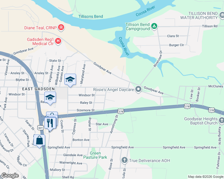 map of restaurants, bars, coffee shops, grocery stores, and more near 1308 Windsor Street in Gadsden