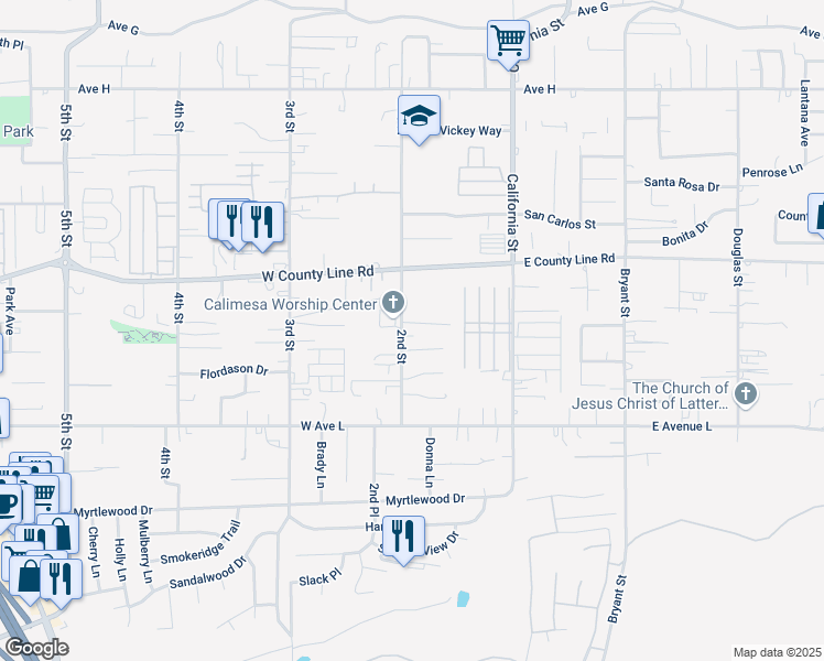 map of restaurants, bars, coffee shops, grocery stores, and more near 966 2nd Street in Calimesa