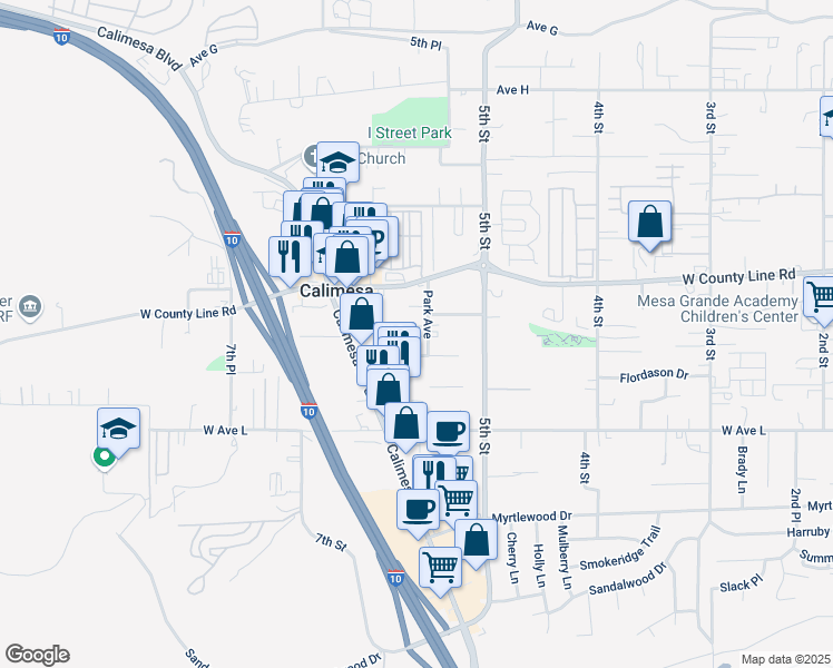 map of restaurants, bars, coffee shops, grocery stores, and more near 944 Park Avenue in Calimesa