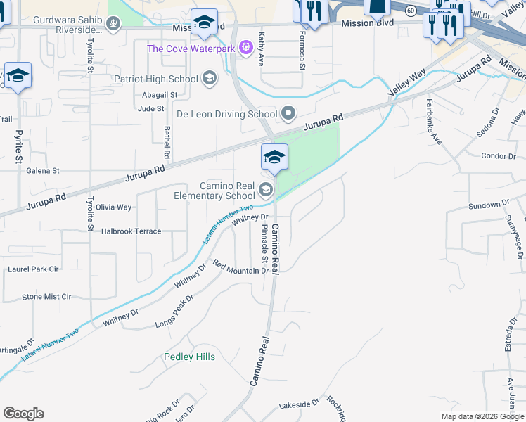 map of restaurants, bars, coffee shops, grocery stores, and more near 4728 Pinnacle Street in Riverside