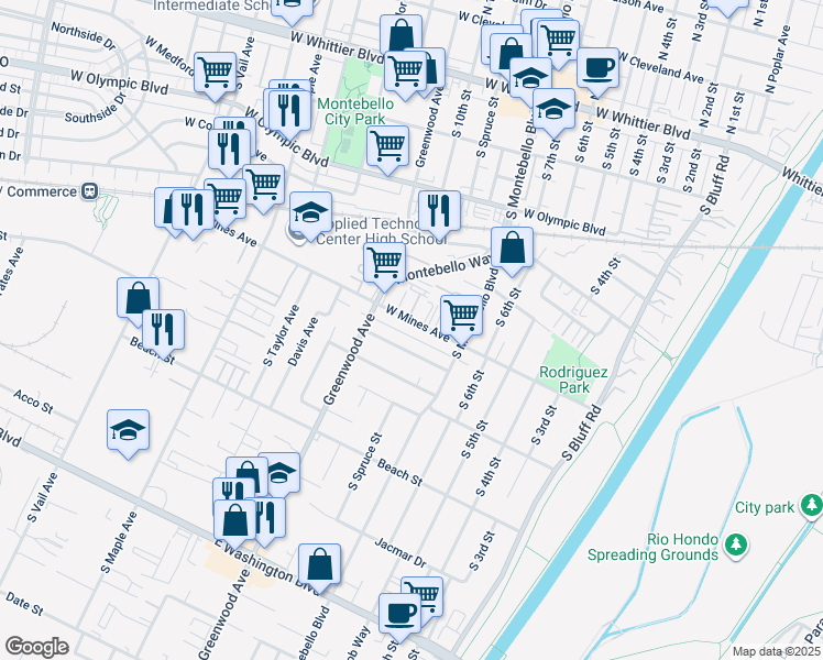 map of restaurants, bars, coffee shops, grocery stores, and more near 832 San Marino Avenue in Montebello