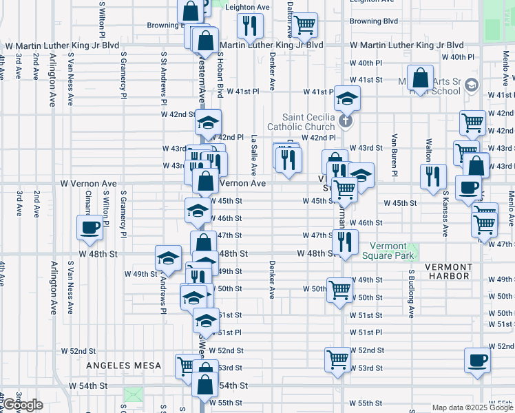 map of restaurants, bars, coffee shops, grocery stores, and more near 1541 West 46th Street in Los Angeles