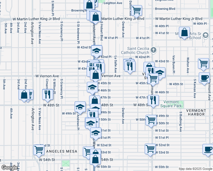map of restaurants, bars, coffee shops, grocery stores, and more near 1587 West 46th Street in Los Angeles
