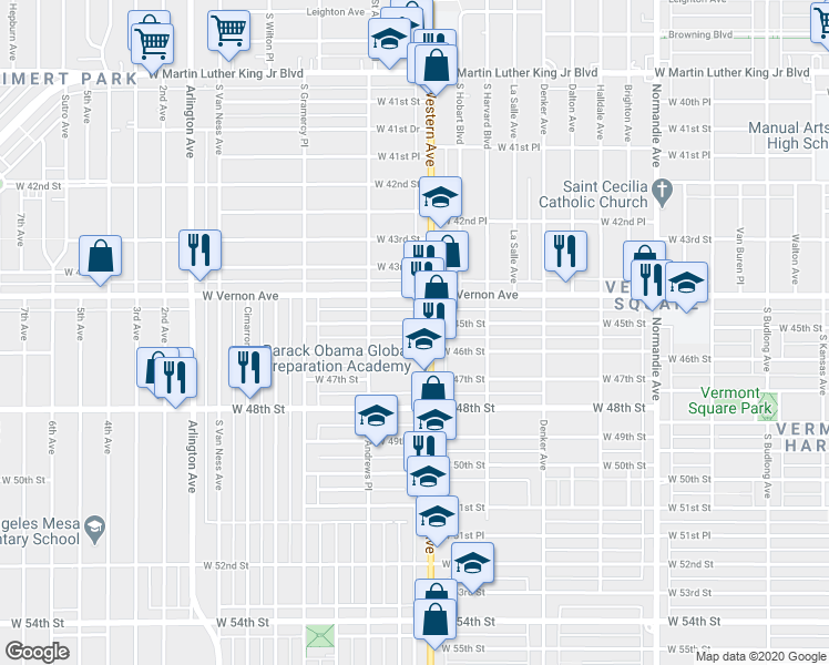 map of restaurants, bars, coffee shops, grocery stores, and more near 1717 West 46th Street in Los Angeles