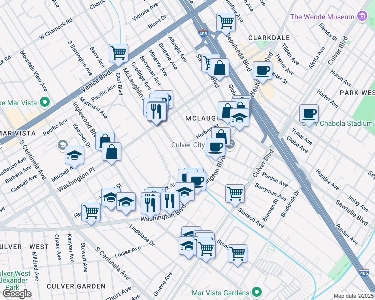 map of restaurants, bars, coffee shops, grocery stores, and more near 4130 McLaughlin Avenue in Los Angeles