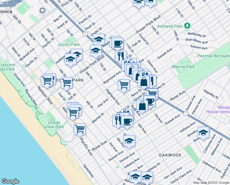 map of restaurants, bars, coffee shops, grocery stores, and more near 647 Marine Street in Santa Monica