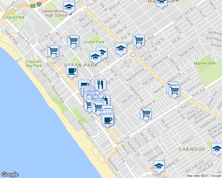 map of restaurants, bars, coffee shops, grocery stores, and more near 420 Raymond Avenue in Santa Monica