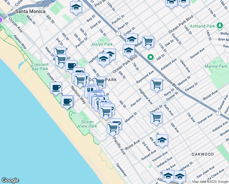 map of restaurants, bars, coffee shops, grocery stores, and more near 2704 Hill Street in Santa Monica