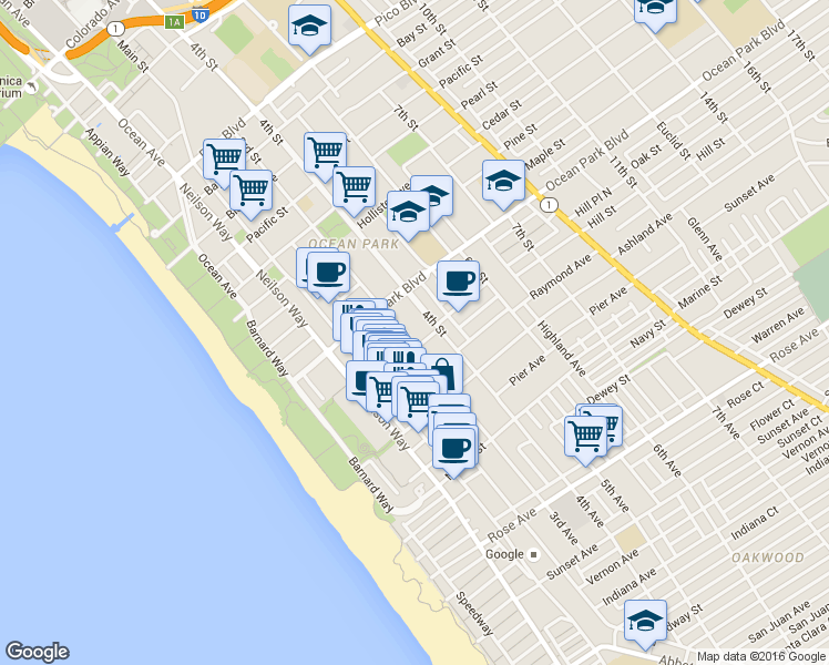 map of restaurants, bars, coffee shops, grocery stores, and more near 2704 Hill Street in Santa Monica
