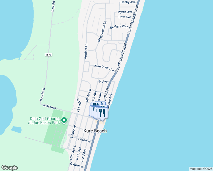 map of restaurants, bars, coffee shops, grocery stores, and more near 309 Fort Fisher Boulevard North in Kure Beach