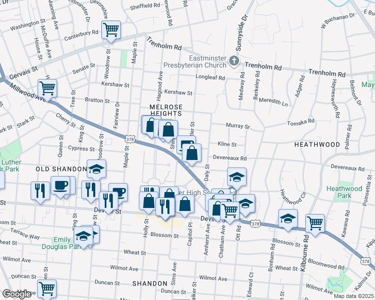 map of restaurants, bars, coffee shops, grocery stores, and more near 17 Butler Street in Columbia