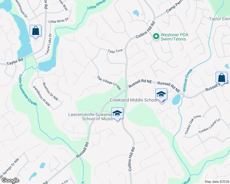map of restaurants, bars, coffee shops, grocery stores, and more near 55 Russell Road in Lawrenceville