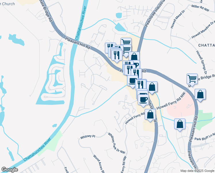 map of restaurants, bars, coffee shops, grocery stores, and more near 3786 Turnberry Court in Duluth