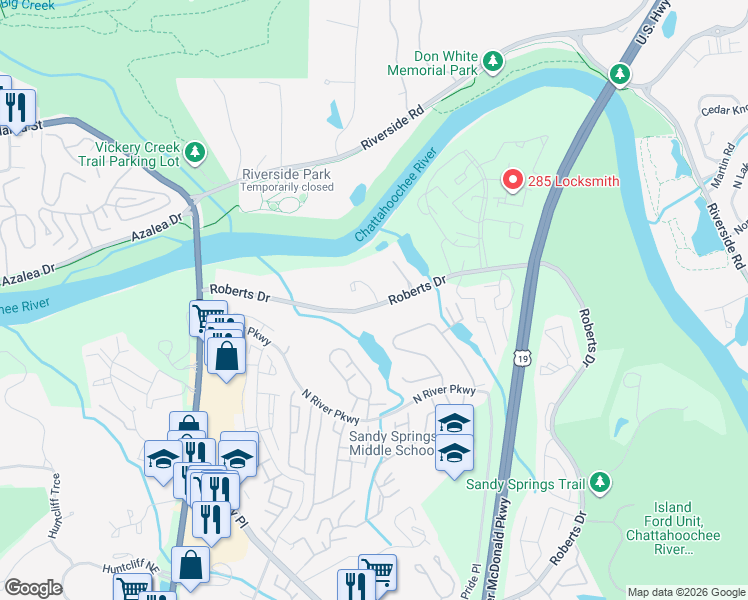 map of restaurants, bars, coffee shops, grocery stores, and more near 6 Serendipity Way in Sandy Springs