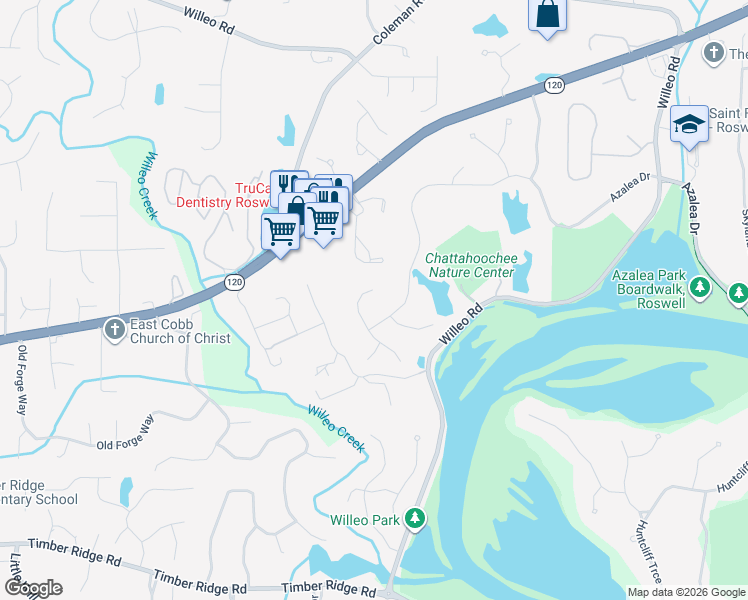 map of restaurants, bars, coffee shops, grocery stores, and more near 2260 Azalea Drive in Roswell