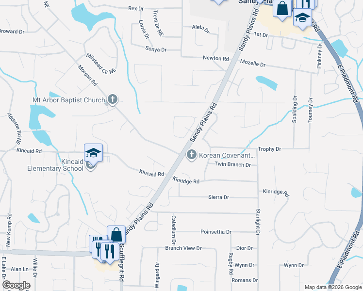 map of restaurants, bars, coffee shops, grocery stores, and more near 2101 Sandy Plains Road in Marietta