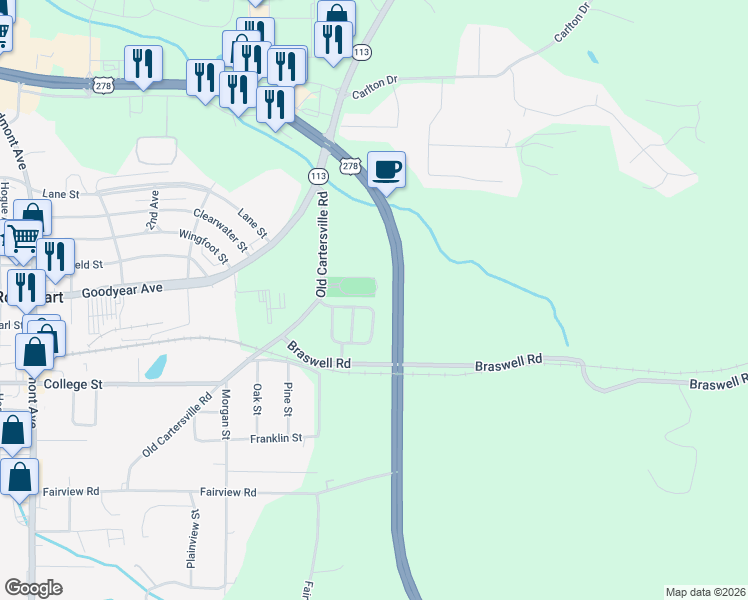 map of restaurants, bars, coffee shops, grocery stores, and more near 113 Nicole Circle in Rockmart