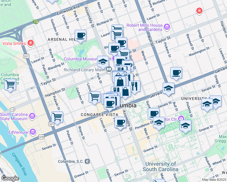 map of restaurants, bars, coffee shops, grocery stores, and more near 1241 Assembly Street in Columbia