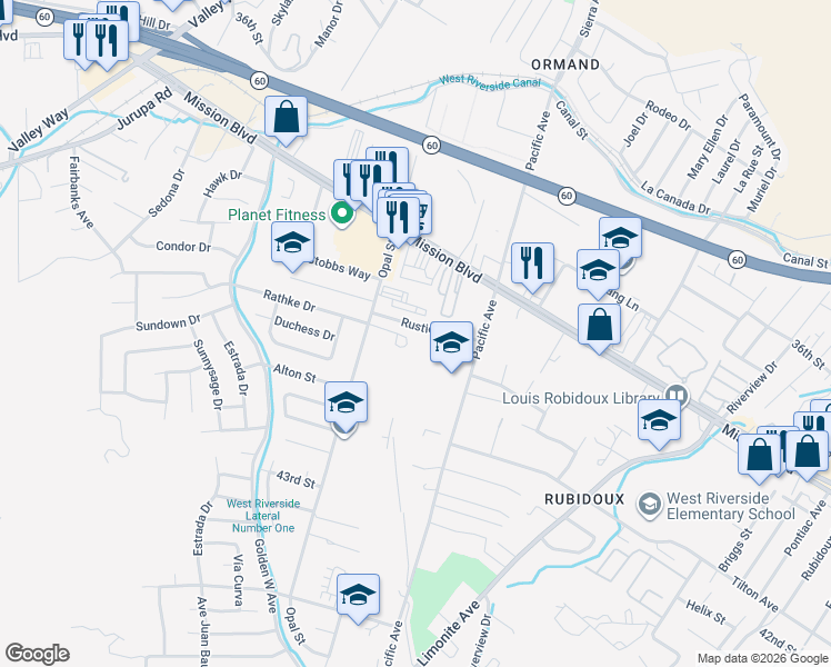 map of restaurants, bars, coffee shops, grocery stores, and more near 6216 Rustic Lane in Riverside