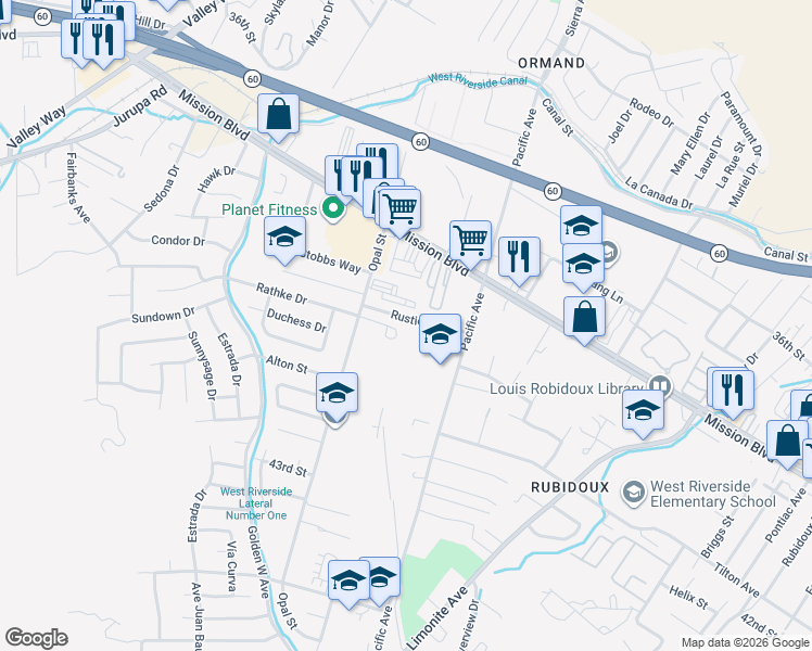 map of restaurants, bars, coffee shops, grocery stores, and more near 6216 Rustic Lane in Riverside