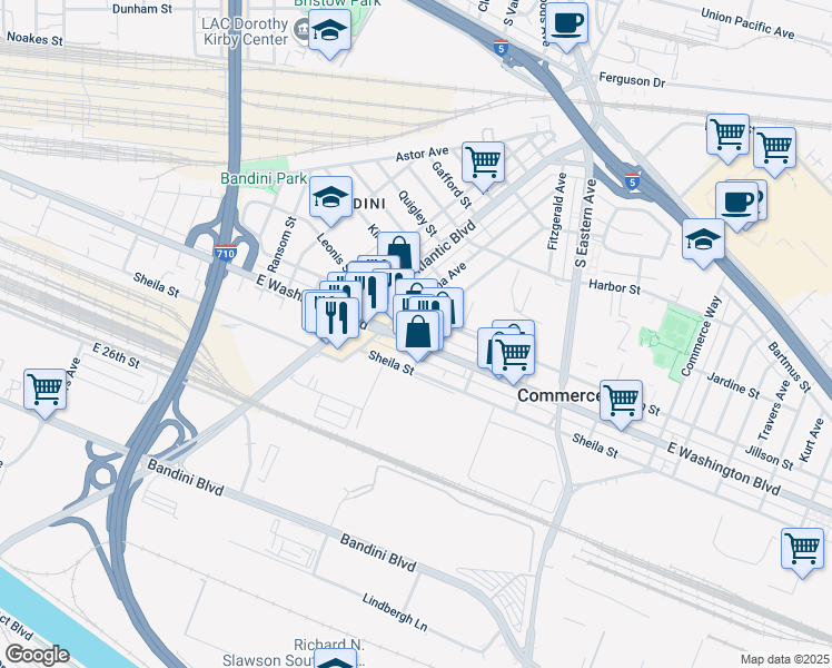 map of restaurants, bars, coffee shops, grocery stores, and more near 5274 East Washington Boulevard in Commerce