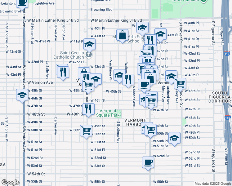map of restaurants, bars, coffee shops, grocery stores, and more near 4501 South Budlong Avenue in Los Angeles