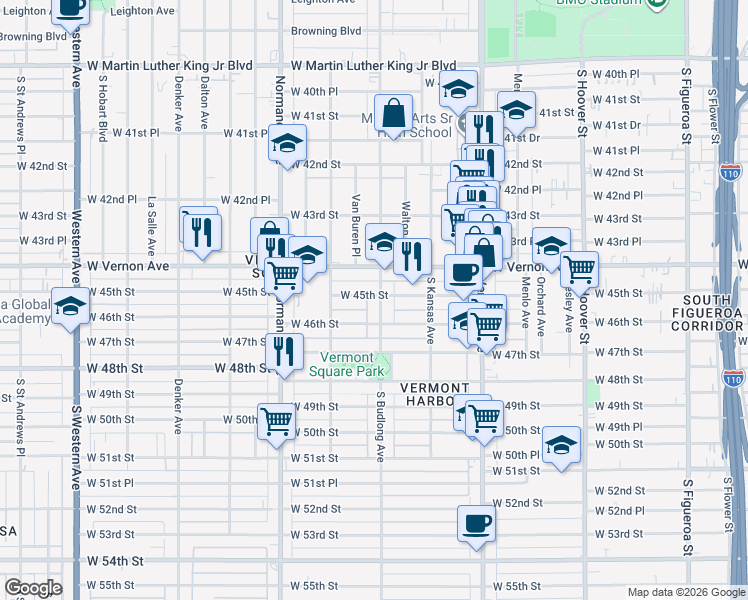 map of restaurants, bars, coffee shops, grocery stores, and more near 4523 Budlong Avenue in Los Angeles