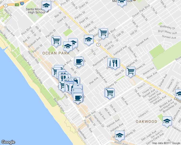 map of restaurants, bars, coffee shops, grocery stores, and more near 523 Ashland Avenue in Santa Monica